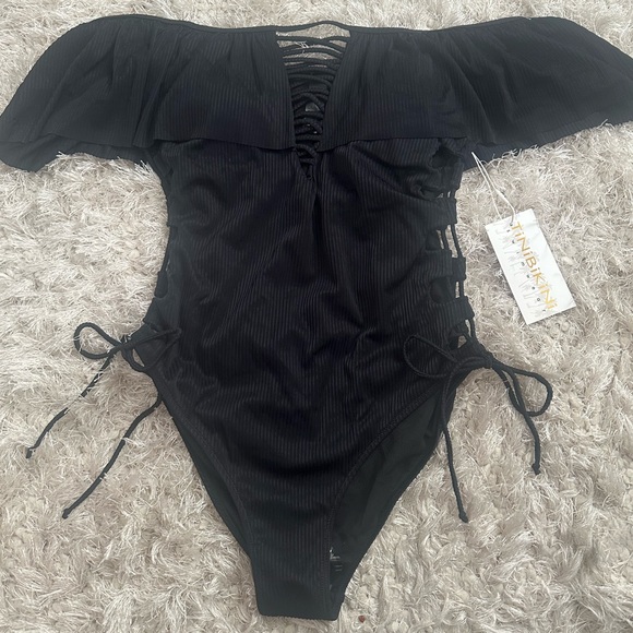 TiniBikini One Piece Ruffle Top Swimsuit, NWT Black, XL - Picture 8 of 9